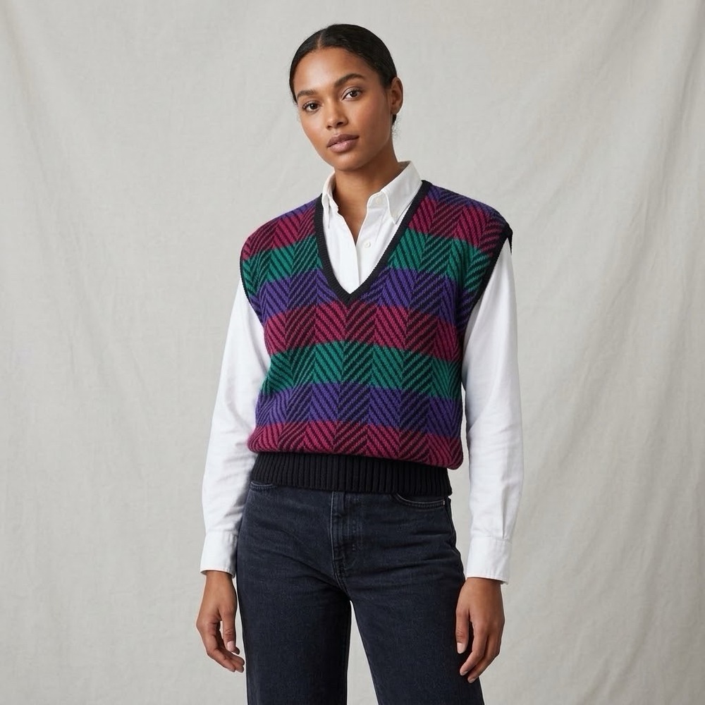 Knit Sweater Vest Women's Large EB By Eccobay Chevron Black Pink Purple USA Vtg
